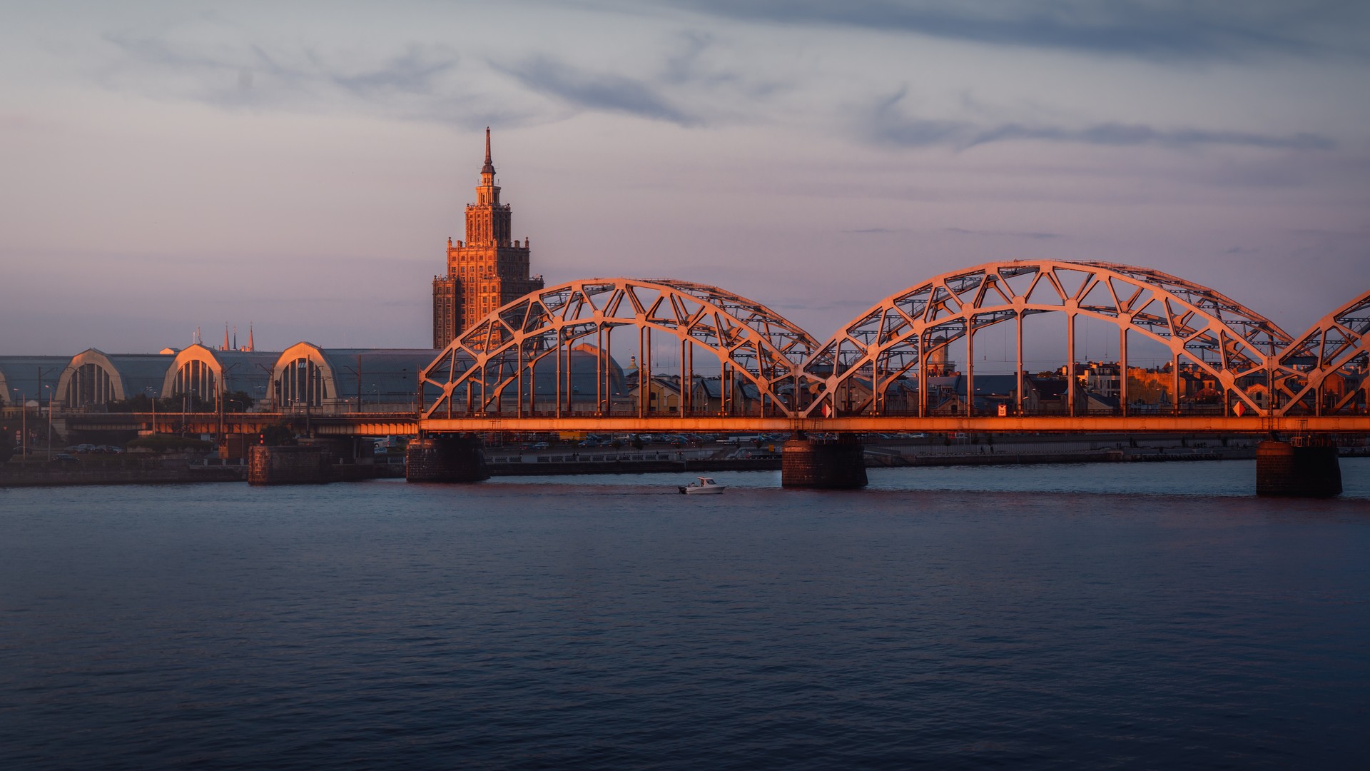Railway Bridge and Latvian Academy of Sciences at sunset - Riga,